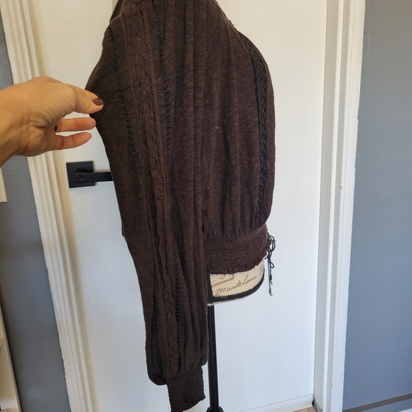 Free People Boho Open Back Crochet Trimmed Peasant Blouse Top Long Sleeve Size M - Picture 6 of 11